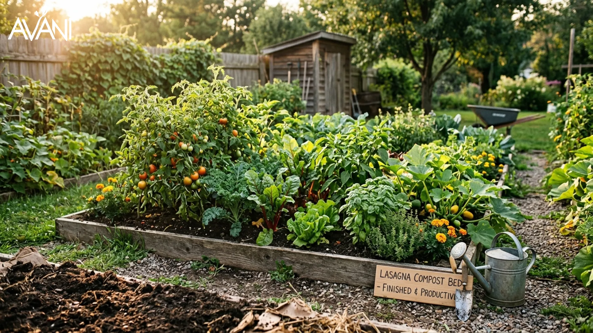 Finished Lasagna compost garden bed with healthy plants growing in dark organic soil