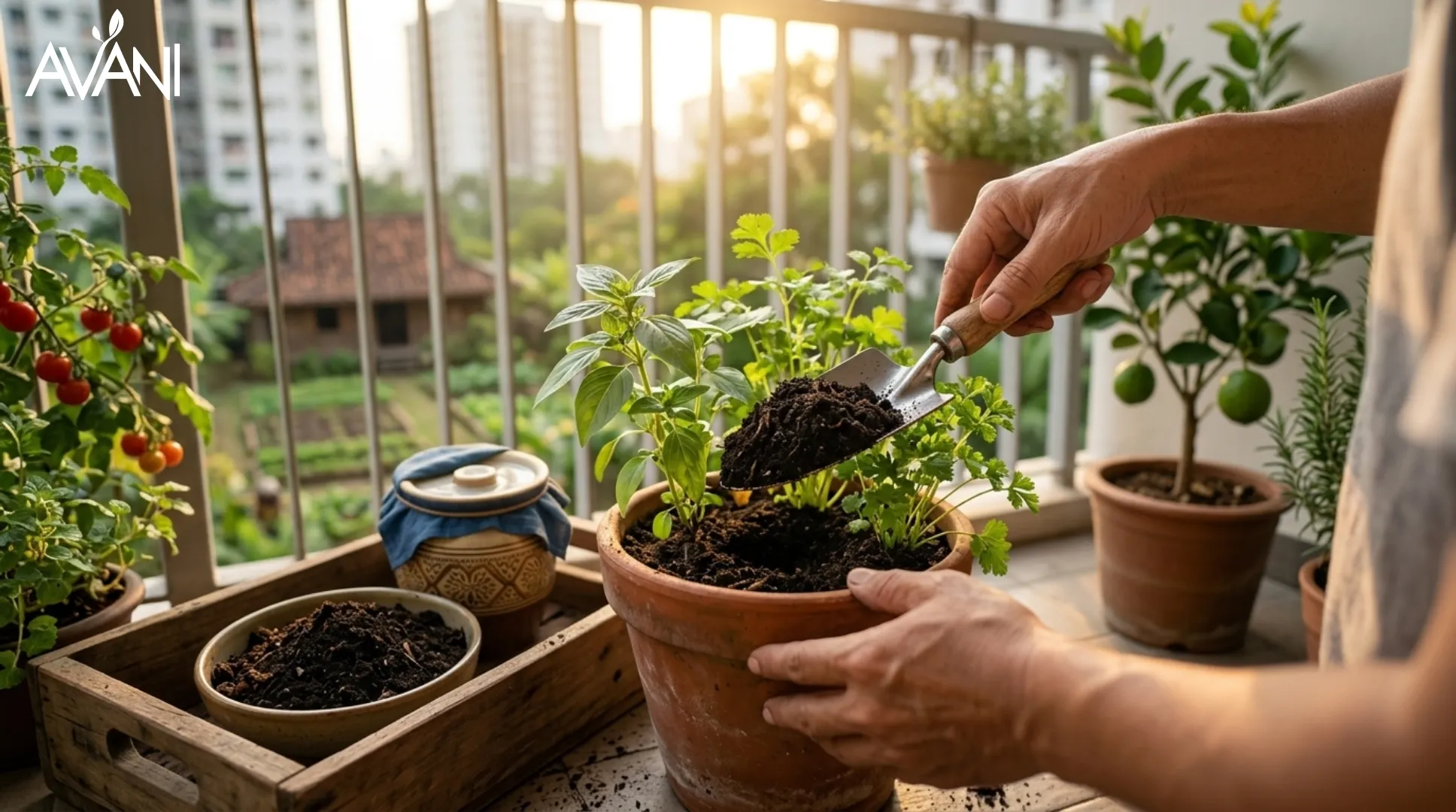 Finished Takakura compost being used around potted plants