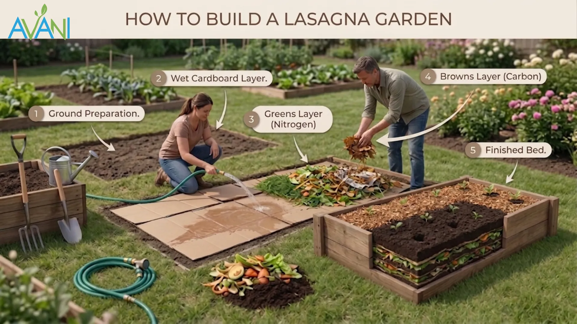 Step-by-step Lasagna composting layers in a garden bed