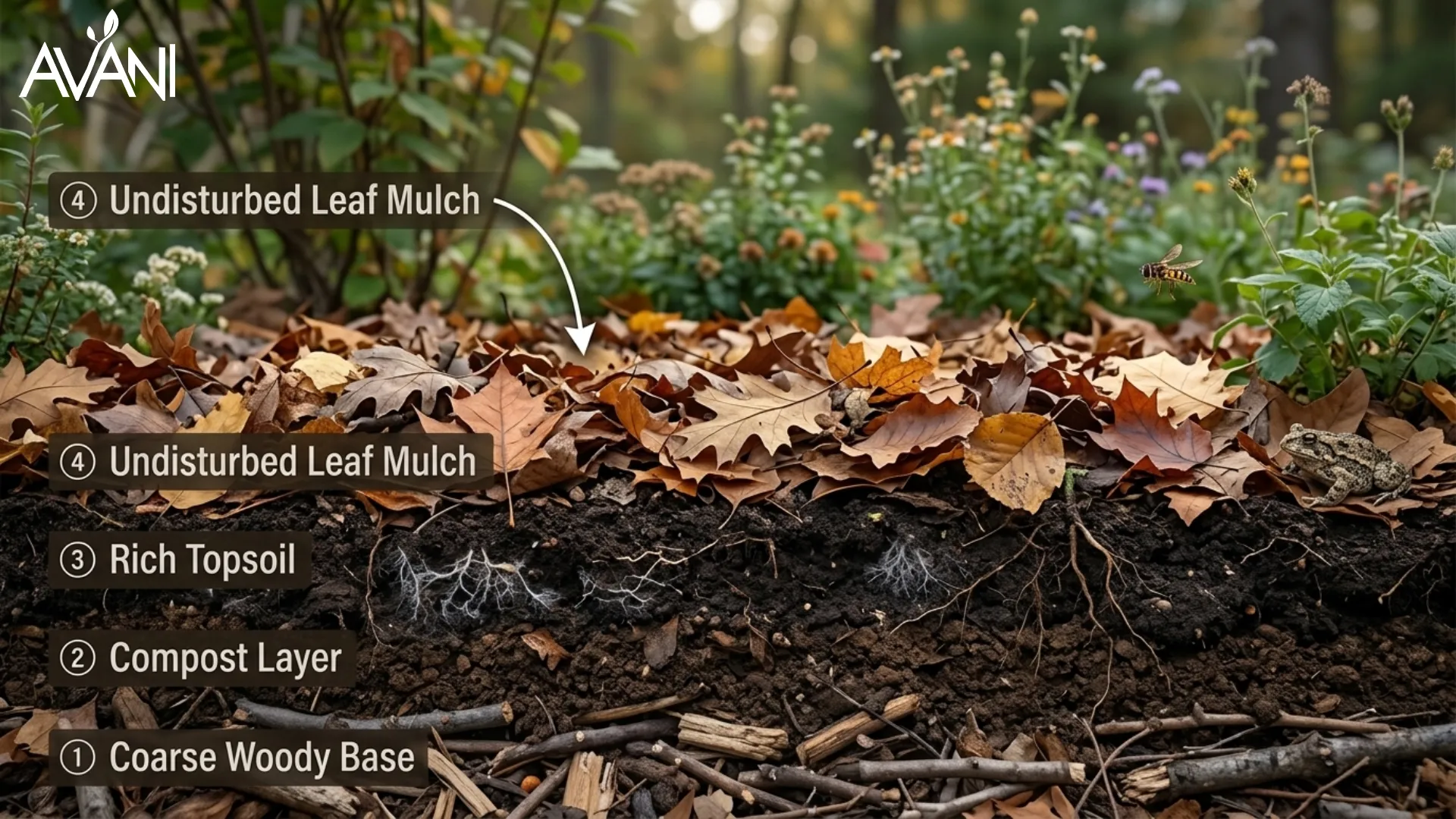 No-turn Lasagna compost bed decomposing naturally in a garden