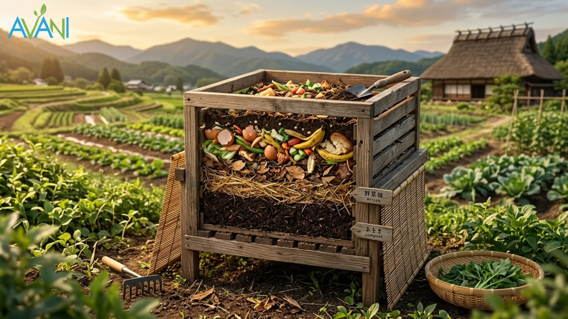 Breathable Takakura compost basket with fermentation bed and kitchen scraps