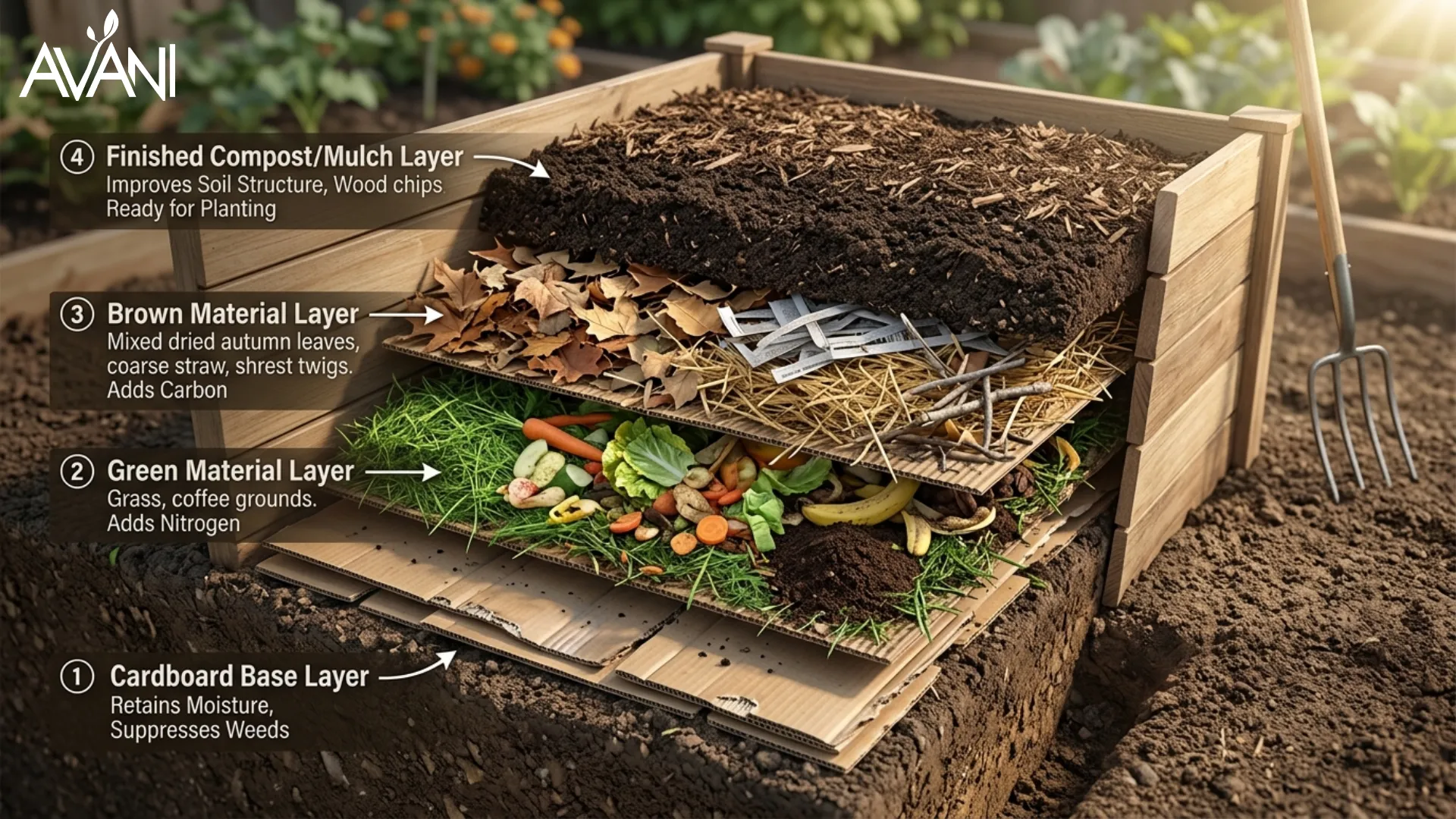 Cross-section showing layers in a lasagna compost garden bed