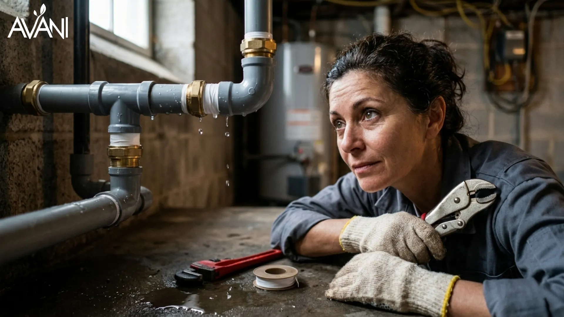 A plumber trying to fix leaking pipe so you can save water at home