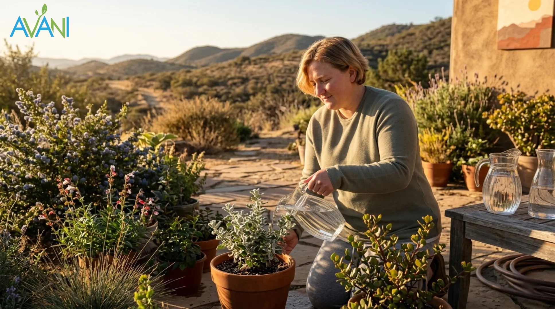 A middle age woman watering native plants at afternoon